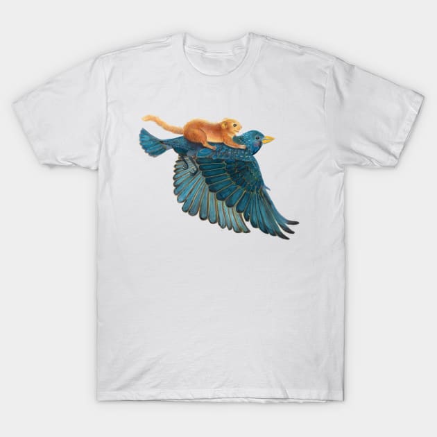 Hazel dormouse and Starling Flying T-Shirt by Julia Doria Illustration